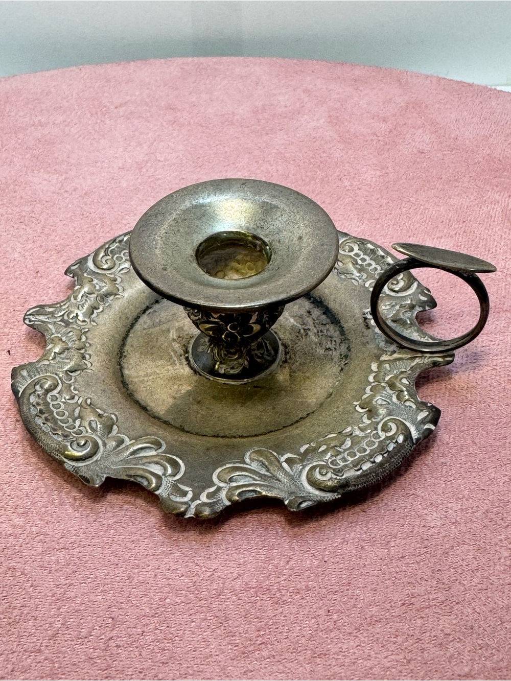 Antique Sterling Silver Ornate Embossed Chamberstick Candle Holder